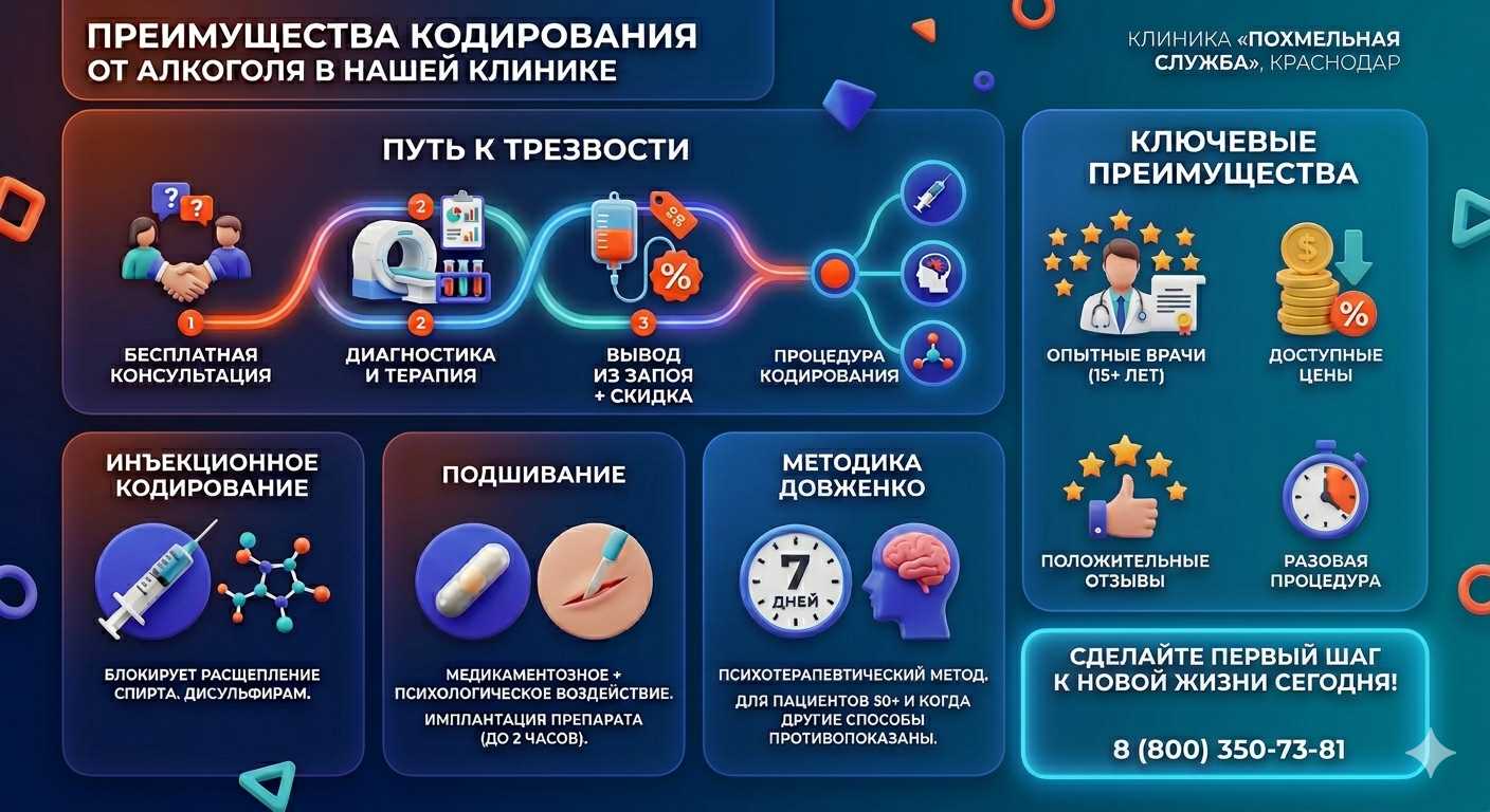 Инфографика о методах кодирования от алкоголя в Могоче: инъекции, подшивание, метод Довженко. Преимущества клиники и этапы лечения.